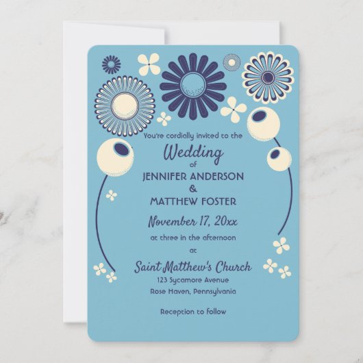 Invitation Mariage géométrique moderne bleu et crème (Devant)