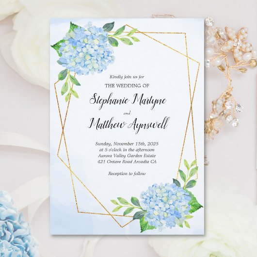Invitation Mariage géométrique moderne Blue Hydrangea