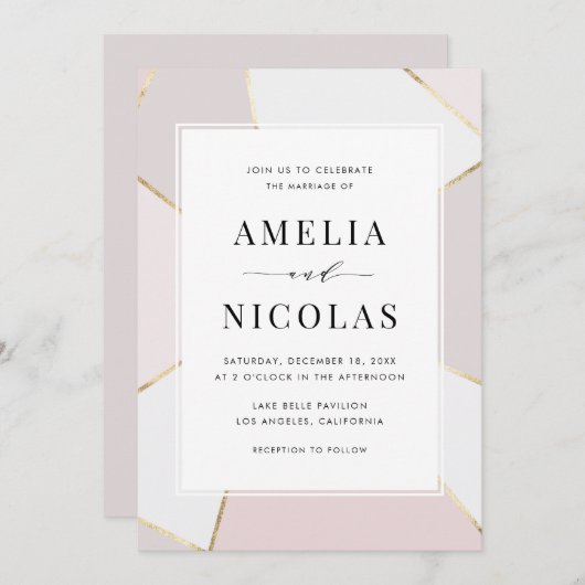 Invitation Mariage géométrique moderne Blush et Gold Foil (Devant / Derrière)