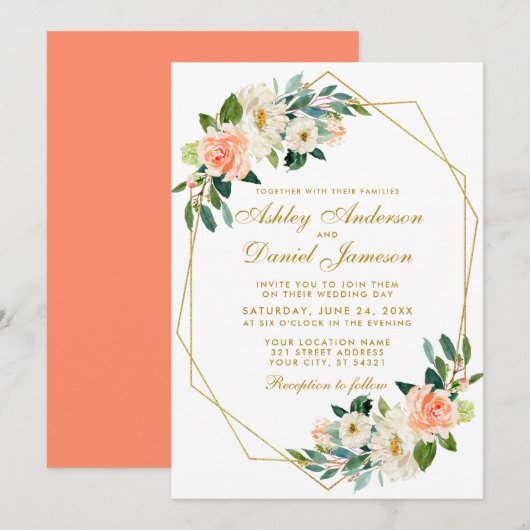 Invitation Mariage géométrique moderne Floral Coral Or (Devant / Derrière)