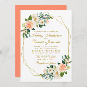 Invitation Mariage géométrique moderne Floral Coral Or