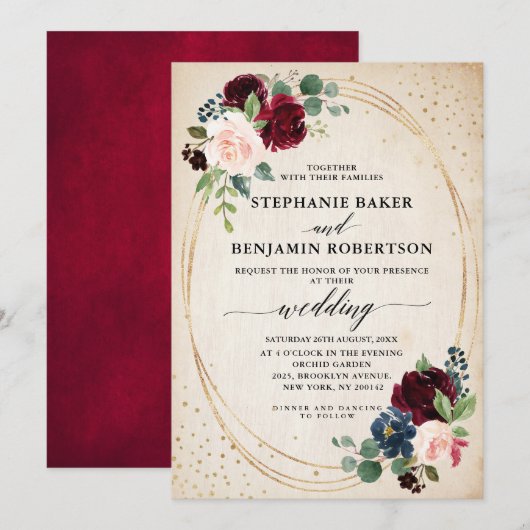 Invitation Mariage géométrique moderne Floral de la Marine Ro (Devant / Derrière)