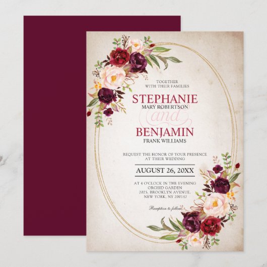 Invitation Mariage géométrique moderne Floral de la Marine Ro (Devant / Derrière)