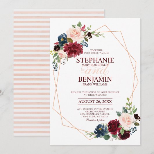 Invitation Mariage géométrique moderne Floral de la Marine Ro (Devant / Derrière)