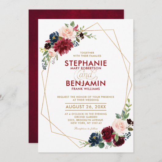 Invitation Mariage géométrique moderne Floral de la Marine Ro (Devant / Derrière)