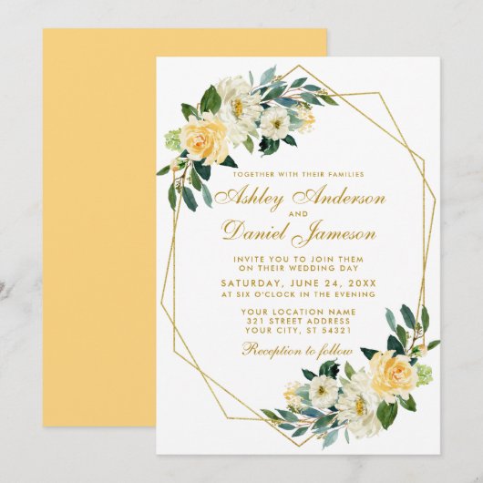 Invitation Mariage géométrique moderne Floral Jaune Or (Devant / Derrière)