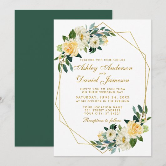 Invitation Mariage géométrique moderne Floral Jaune Vert Or (Devant / Derrière)