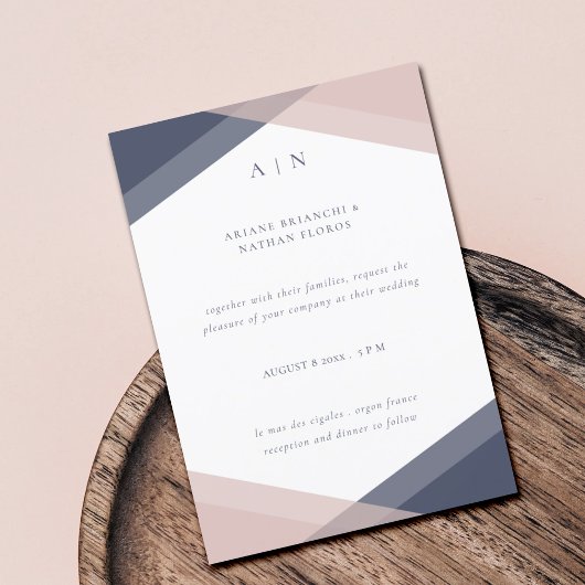 Invitation Mariage géométrique moderne Monogramme Navy & Blus
