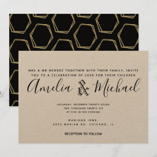 Invitation Mariage géométrique moderne or et noir Kraft