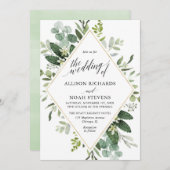 Invitation Mariage géométrique moderne or vert d'eucalyptus (Devant / Derrière)