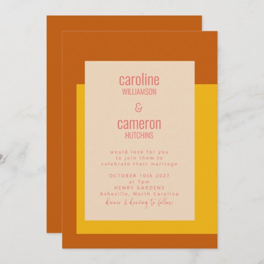 Invitation Mariage géométrique moderne rose jaune en terre cu (Devant / Derrière)
