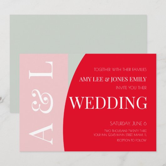 Invitation Mariage Géométrique Moderne Rose Rouge Clair (Devant / Derrière)