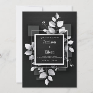 Invitation Mariage Géométrique Monochrome Noir Blanc Feuille