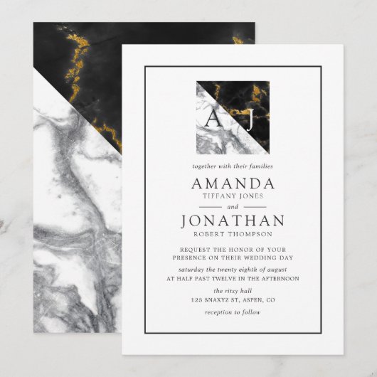Invitation Mariage géométrique monogramme chic marbre et feui (Devant / Derrière)