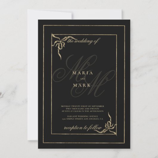 Invitation Mariage géométrique noir arc en or monogramme init (Devant)