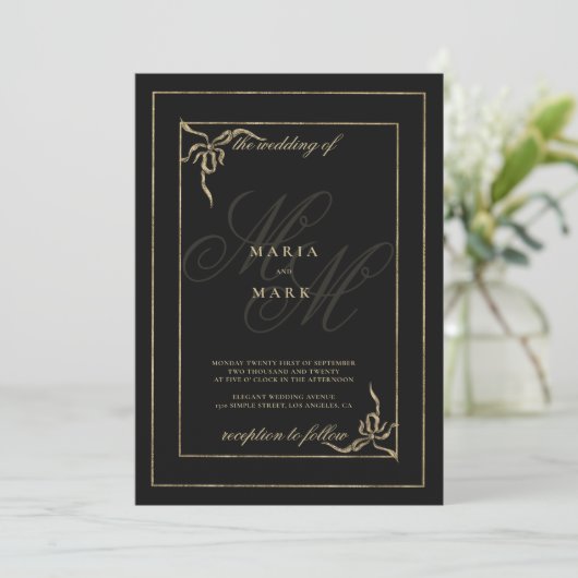 Invitation Mariage géométrique noir arc en or monogramme init (Debout devant)