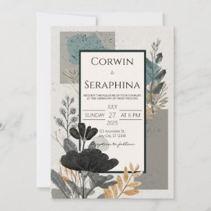 Invitation Mariage Géométrique Noir Floral Or Abstrait