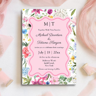 Invitation mariage géométrique ondulé rose fleur sauvage