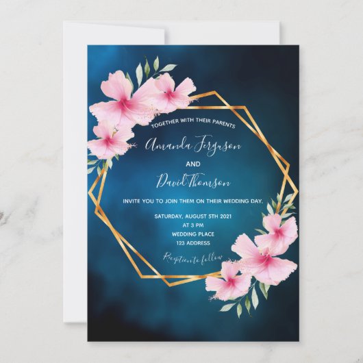 Invitation Mariage géométrique rose bleu foncé (Devant)