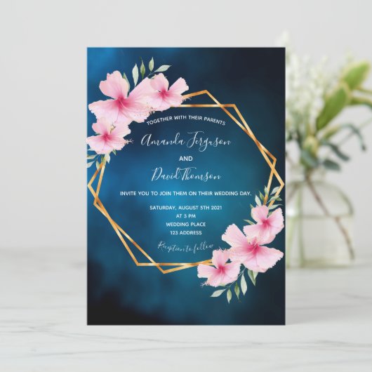 Invitation Mariage géométrique rose bleu foncé (Debout devant)