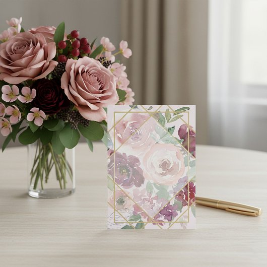 Invitation Mariage géométrique rose floral et or vierge