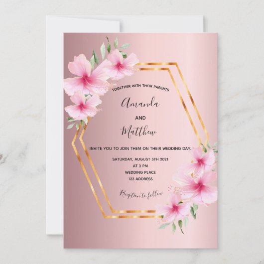 Invitation Mariage géométrique rose florale or (Devant)