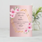 Invitation Mariage géométrique rose florale or (Debout devant)