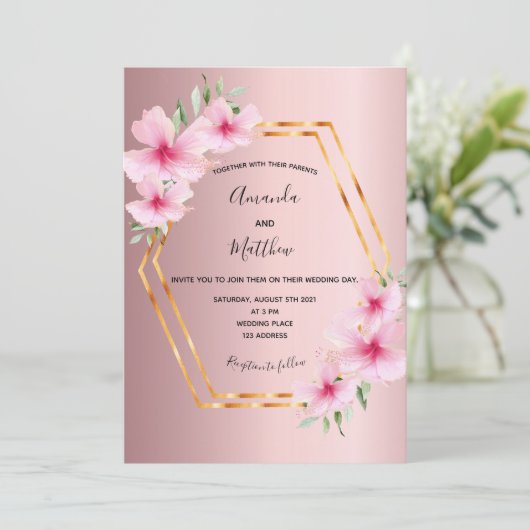 Invitation Mariage géométrique rose florale or (Debout devant)