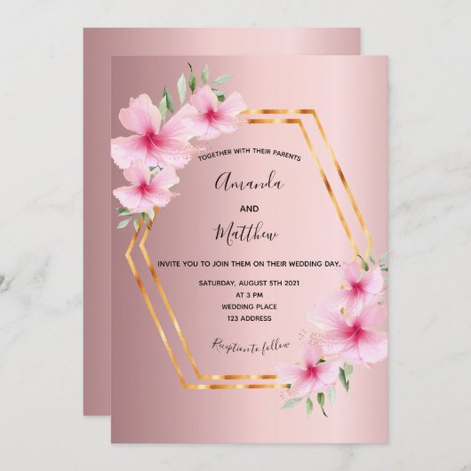 Invitation Mariage géométrique rose florale or (Devant / Derrière)