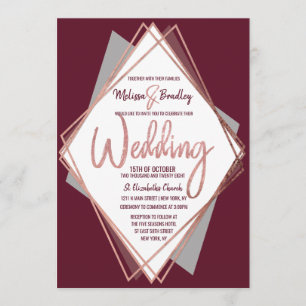 Invitation Mariage géométrique Rose Gold Burgundy Red Grey