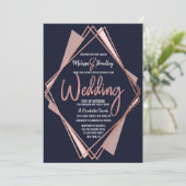 Invitation Mariage géométrique rose Gold Marine Blue Mauve (Debout devant)