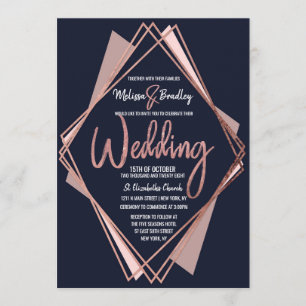 Invitation Mariage géométrique rose Gold Marine Blue Mauve