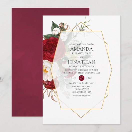 Invitation Mariage géométrique rouge et blanc de Bourgogne (Devant / Derrière)