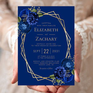 Invitation Mariage géométrique Royal Blue Floral Gold