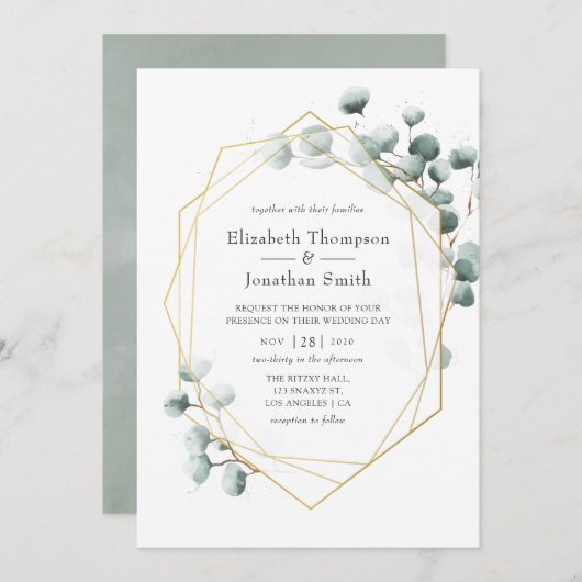 Invitation Mariage géométrique Silver Sage Eucalyptus (Devant / Derrière)