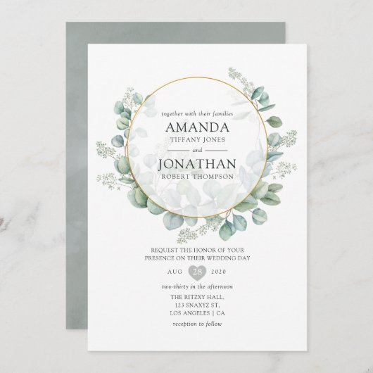 Invitation Mariage géométrique Silver Sage Eucalyptus (Devant / Derrière)