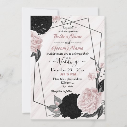 Invitation mariage géométrique souple rose et noir (Devant)