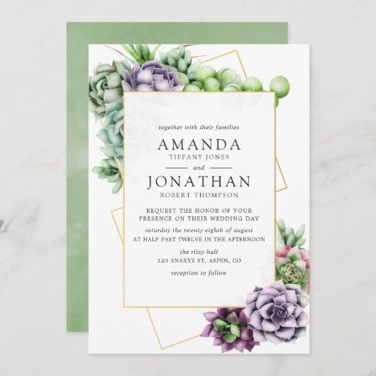 Invitation Mariage géométrique Succulent aquarelle (Devant / Derrière)