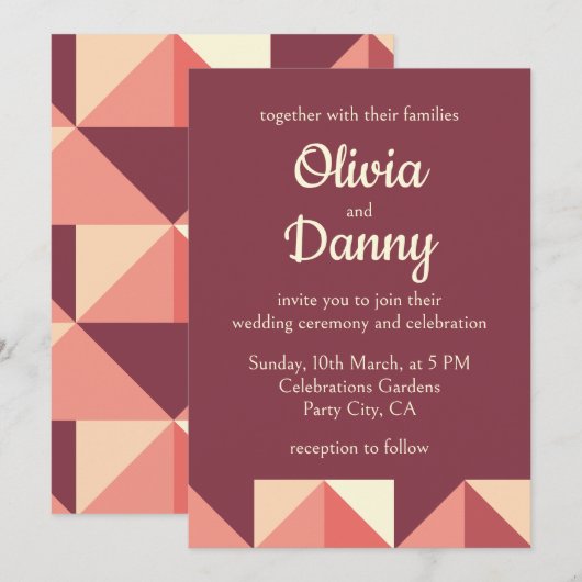 Invitation Mariage Géométrique Triangle Rose Pêche Violet (Devant / Derrière)