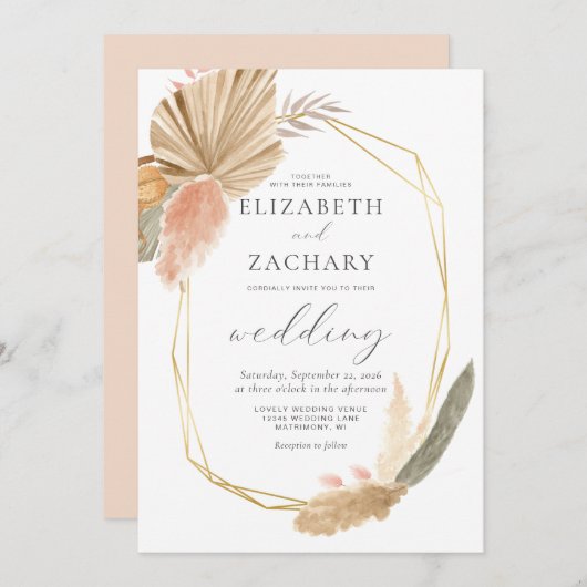 Invitation Mariage géométrique Tropical séché Palm Gold (Devant / Derrière)