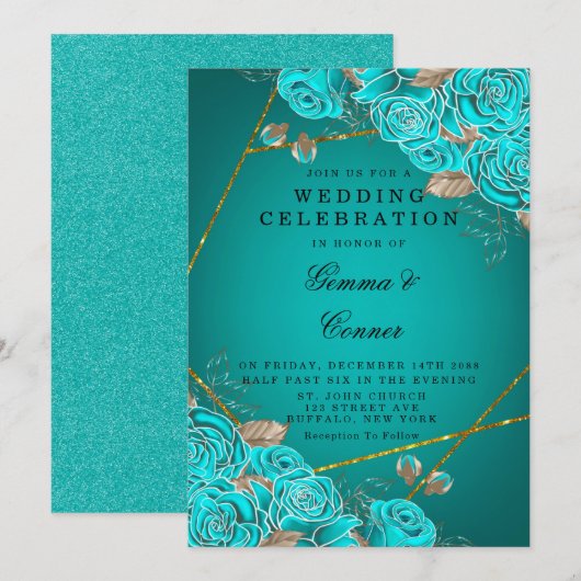 Invitation Mariage géométrique Turquoise Rose Gold (Devant / Derrière)