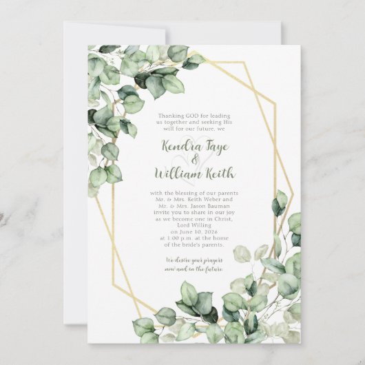 Invitation Mariage géométrique vert sauge eucalyptus or (Devant)
