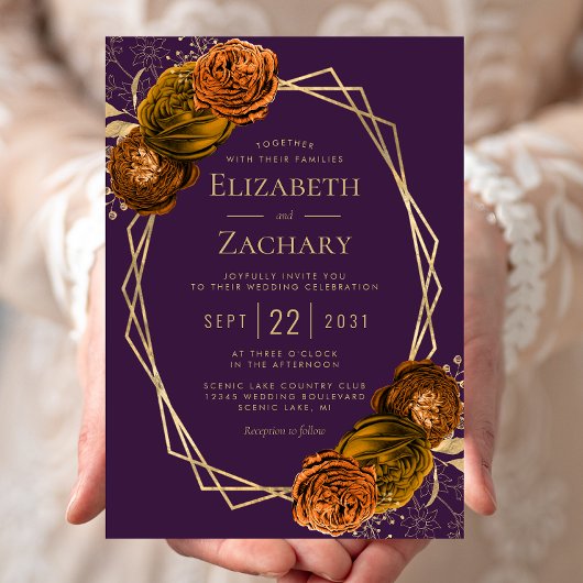 Invitation Mariage géométrique violet Burple Orange Floral Or