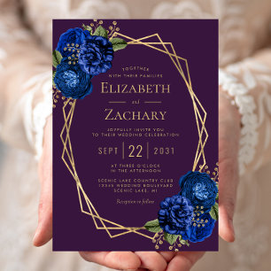 Invitation Mariage géométrique violet Royal Blue Floral Gold