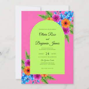 Invitation Mariage Gérbera Eucalyptus Citron Vert Magenta