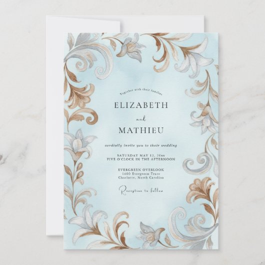 Invitation Mariage glace baroque eucalyptus acanthe (Devant)