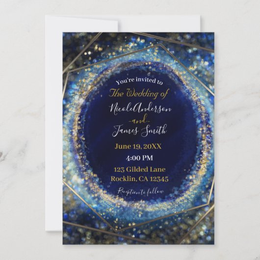 Invitation Mariage Glam Abstrait Moderne Bleu & Or (Devant)