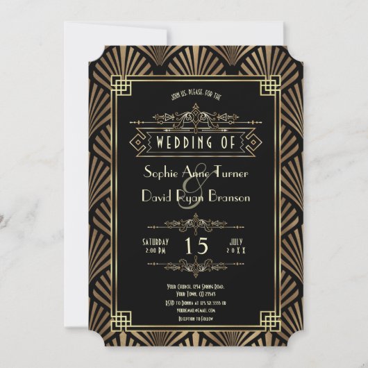 Invitation Mariage Glam Art Déco Noir Gatsby Style Années 20 (Devant)