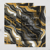 Invitation Mariage Glam Aspect Marbre Noir Blanc Or Chic (Devant / Derrière)