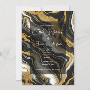 Invitation Mariage Glam Aspect Marbre Noir Blanc Or Chic
